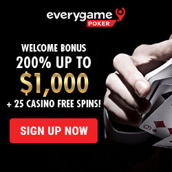 Everygame Poker Welcome Bonus 250x250 200% $1,000 Hand Cards Free Spins